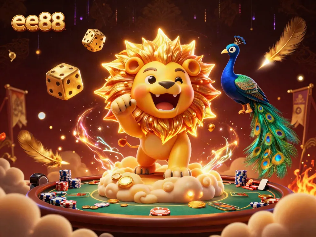 Experience thrilling poker action at ee88 with a lively 3D illustration featuring roaring lion, golden dice, and more.