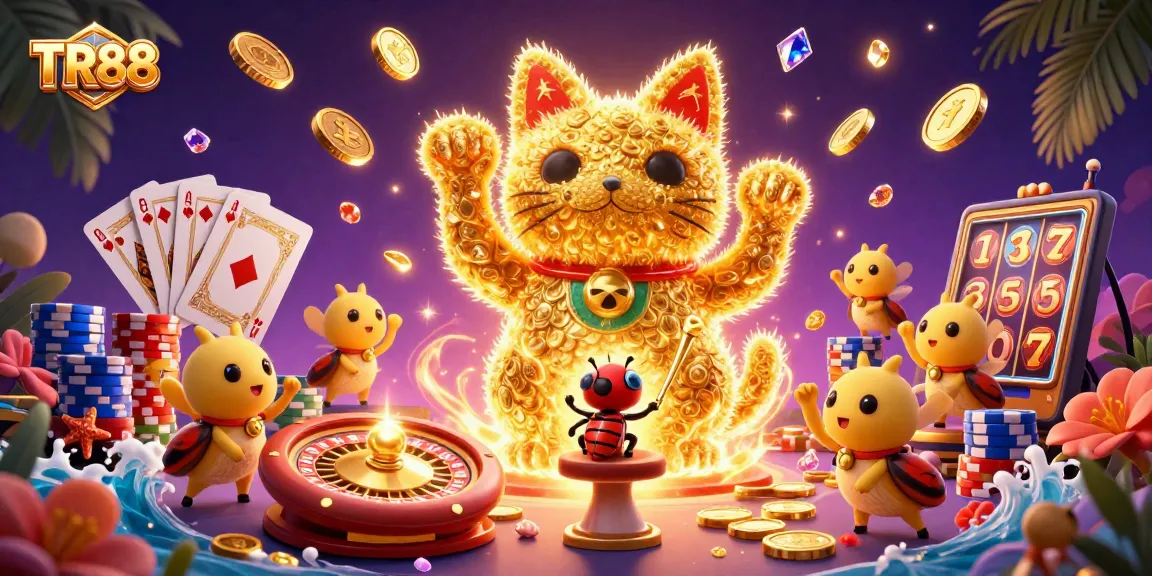 Experience thrilling wins at TR88 with a vibrant lucky cat amid casino elements.