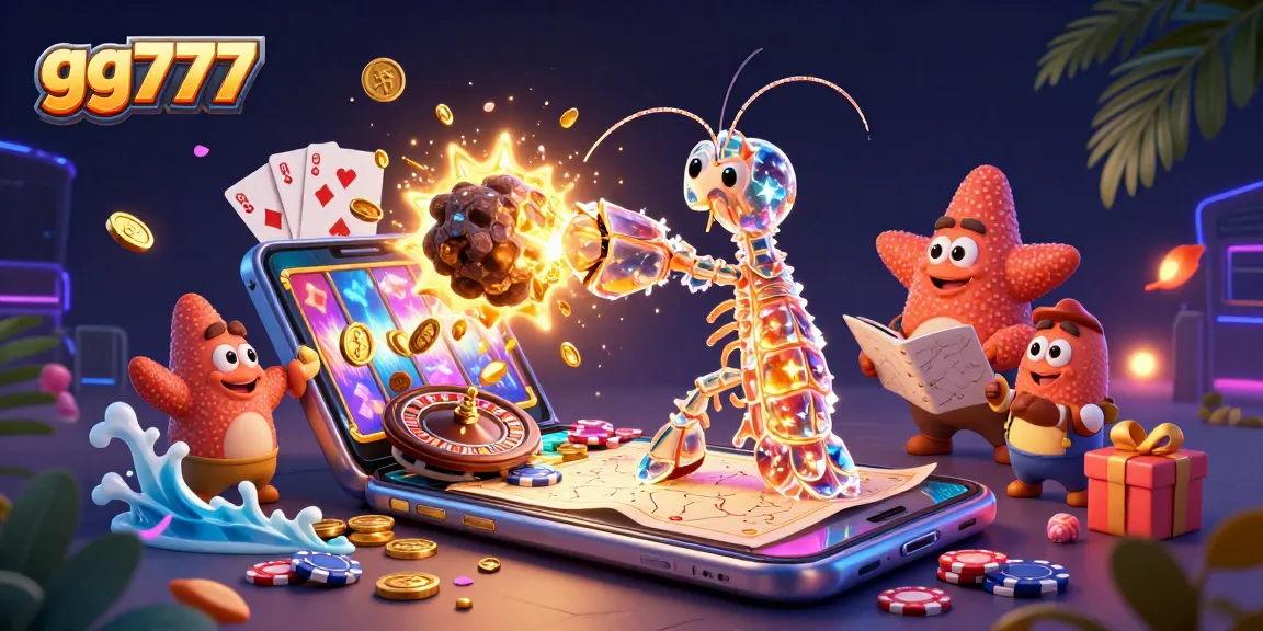 gg777 players engage in thrilling slot games while a mantis shrimp heroically battles for golden wins.