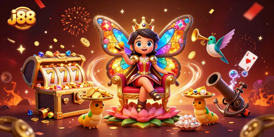 Experience the excitement of j88 with a vibrant 3D scene of a butterfly queen and casino elements.