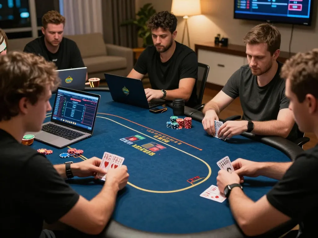 Players strategizing during an intense poker game online at 888now, showcasing digital interfaces and cozy atmosphere.