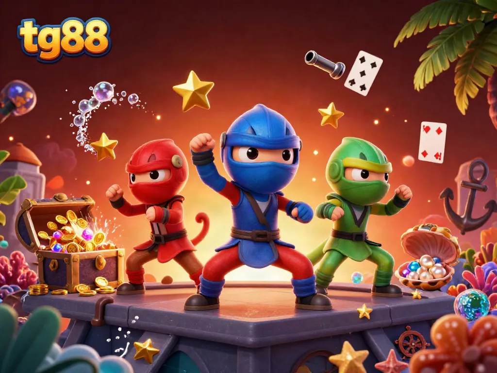 Experience thrilling action with tg88's ninja chameleons amidst a burst of gold and gambling elements.