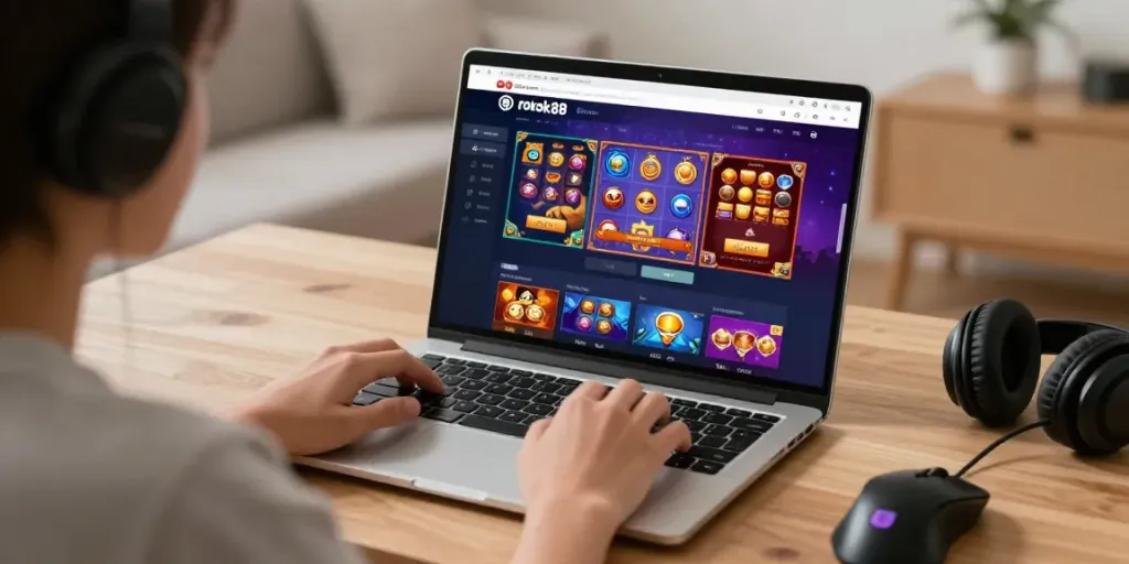 Engaged user enjoying rokok88 slot login on a laptop with colorful game interface.