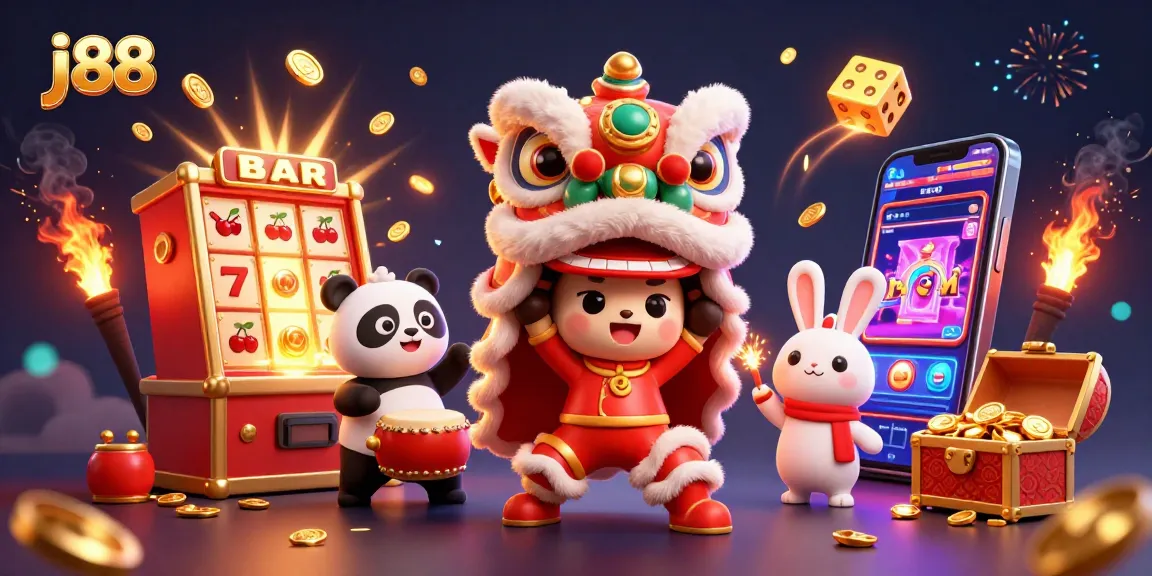 Experience the exhilarating j 88 casino scene with vibrant slot machines and a festive lion dance.