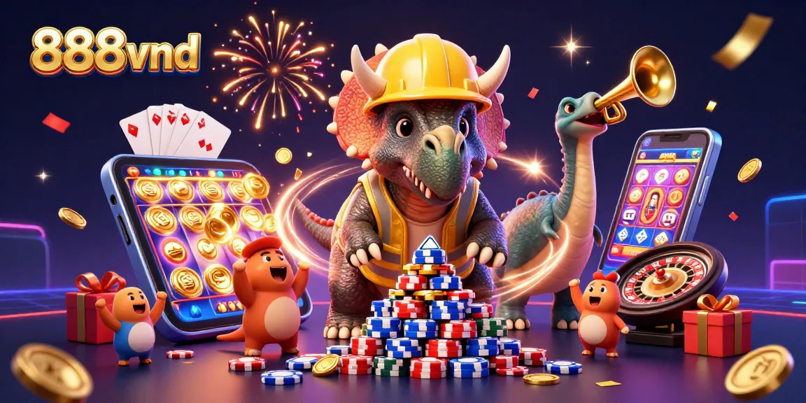 Celebrate wins with 888vnd in a vibrant casino scene featuring fun characters and games.