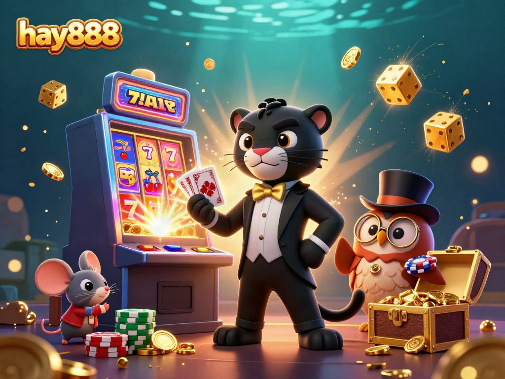 Engaging gameplay scene showcasing hay888 with a stylish black panther dealing cards, an owl with poker chips, and a lucky mouse.