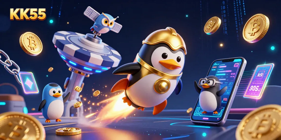 Experience the excitement of KK55 with dynamic casino games, golden penguin, and vibrant crypto coins.