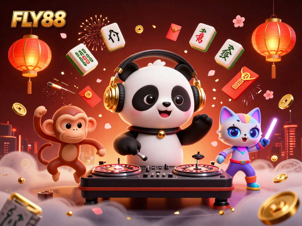 Engage with FLY88's vibrant casino scene featuring lively characters and dynamic gaming elements.