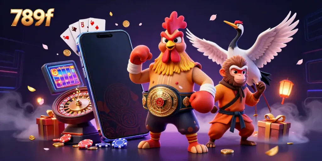 Experience the excitement of 789f with a dynamic casino-themed 3D illustration featuring unique characters and casino elements.