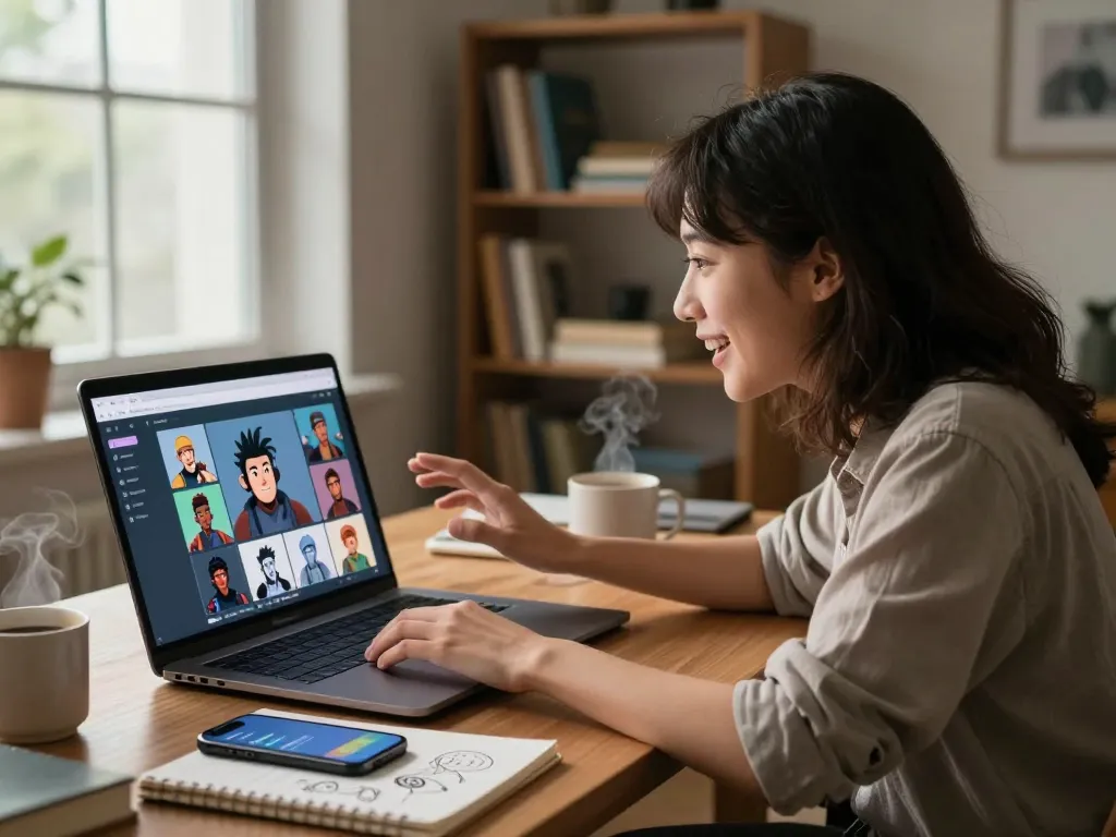 User engaging with Crush on AI platform, showcasing interaction with animated characters in a cozy workspace.