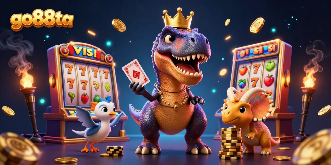 Go88ta showcases a vibrant 3D casino scene with cartoon dinosaurs engaging in slot gaming fun.