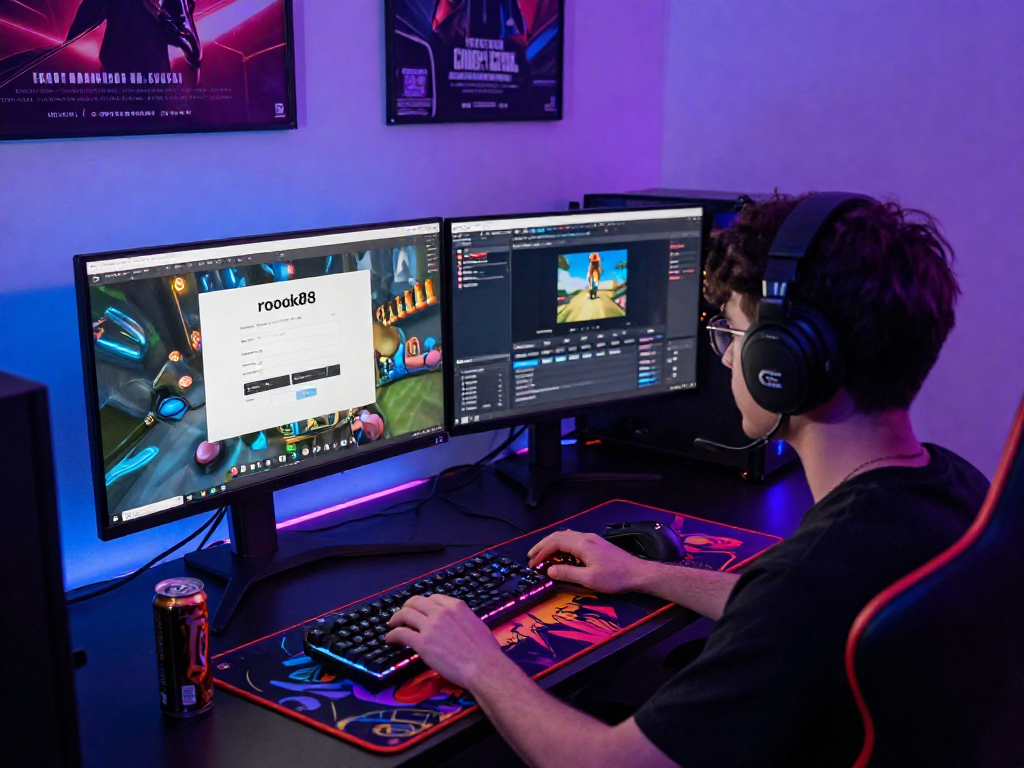 Engaged gamer preparing for the rokok88 login on dual monitors, vibrant gaming setup.