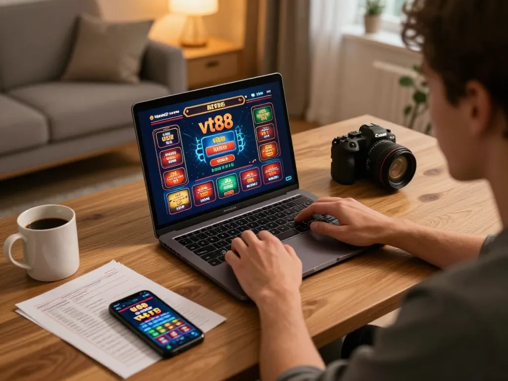 Player engaging in online casino gameplay at vt88, showcasing strategy and excitement in a cozy home setting.