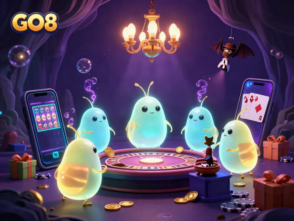 Engage with GO8's vibrant 3D casino scene featuring glowing characters, slot games, and neon lights.