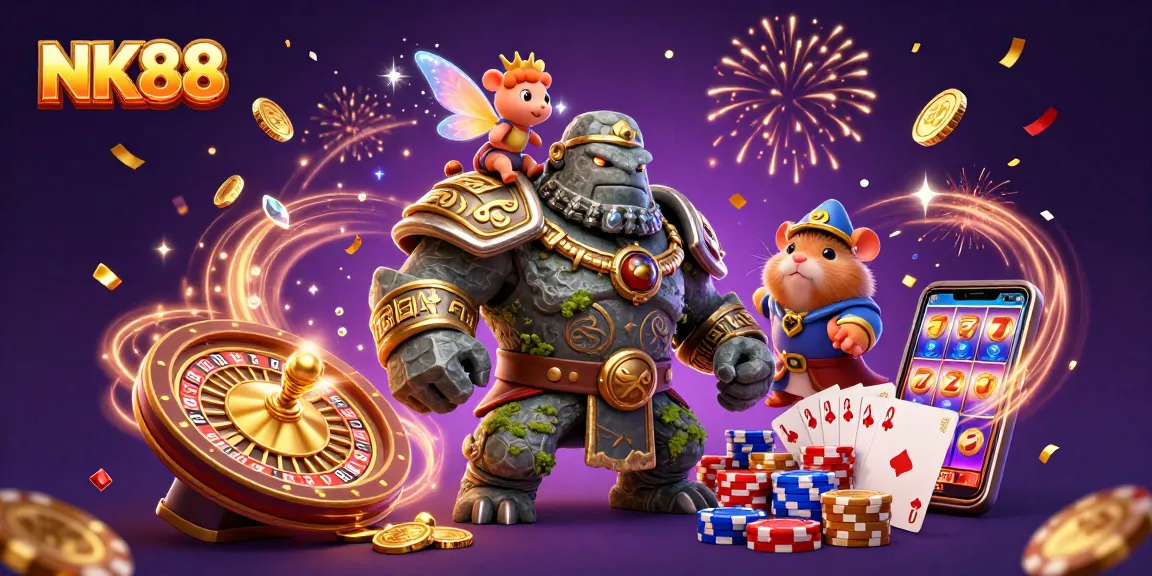Win big at NK88 with magical characters and flowing coins in a vibrant casino setting.