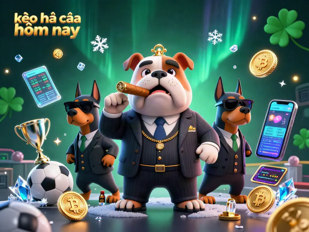 Bet on kèo nhà cái hôm nay with a cartoon mafia boss and Doberman bodyguards, showcasing sports betting excitement.