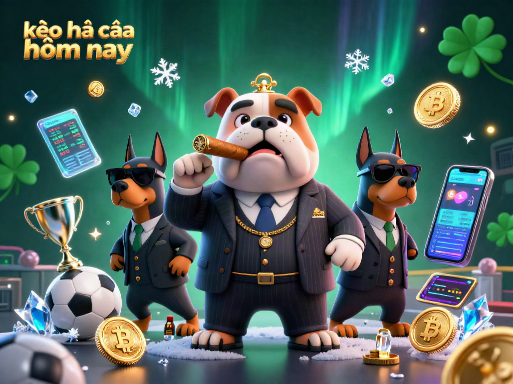 Bet on kèo nhà cái hôm nay with a cartoon mafia boss and Doberman bodyguards, showcasing sports betting excitement.