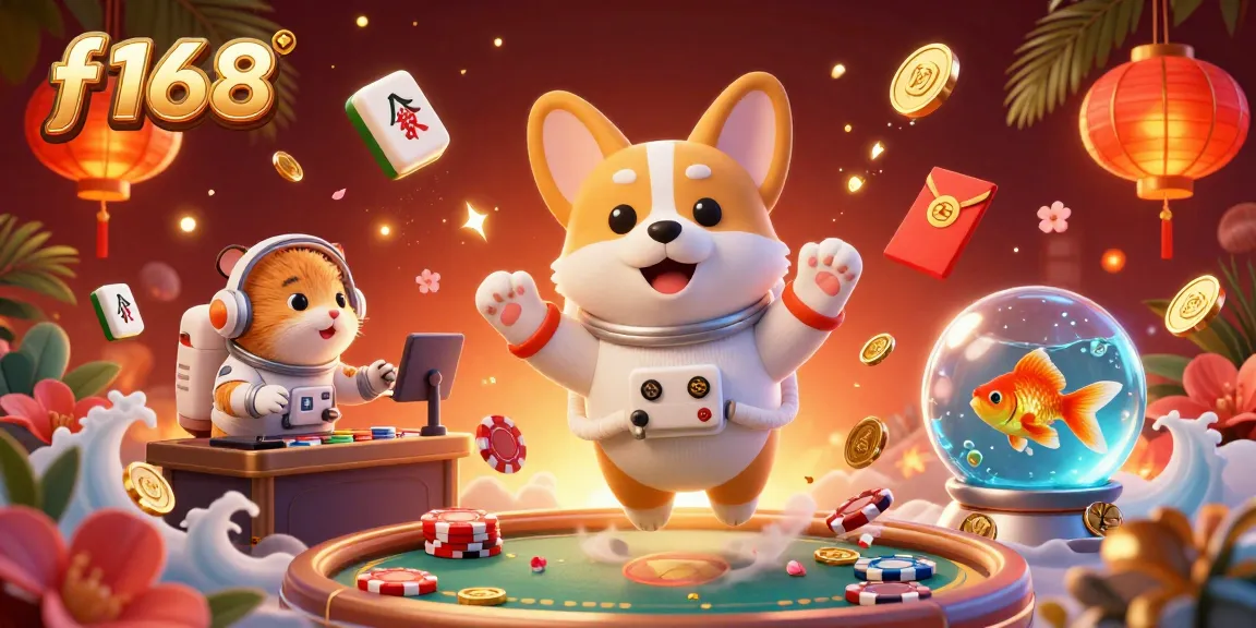Experience lively gaming interactions at f168 with floating elements in this vibrant casino scene.