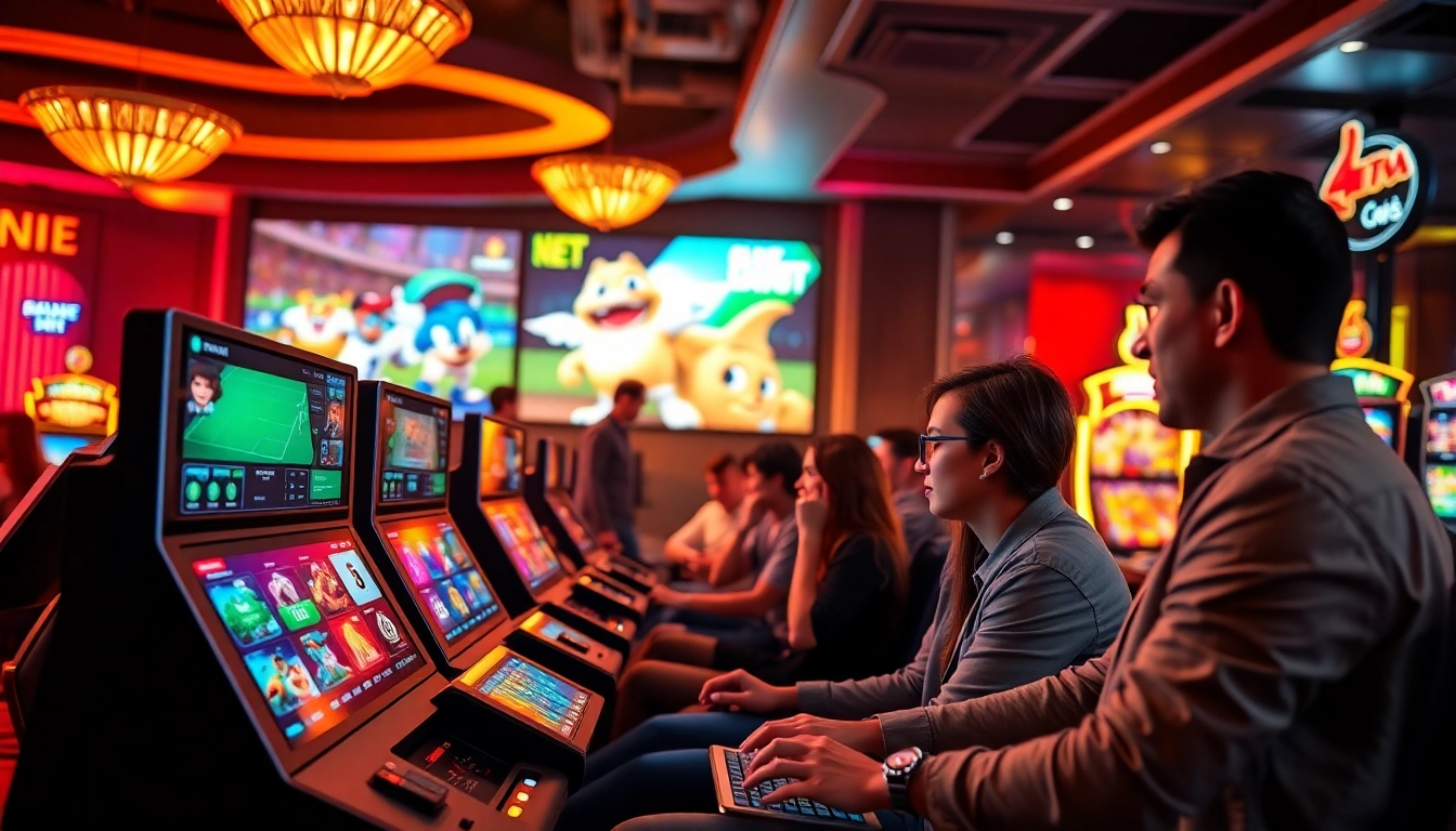 Online gambling scene showcasing various games and a lively atmosphere at GO8 platform, emphasizing excitement and professionalism.