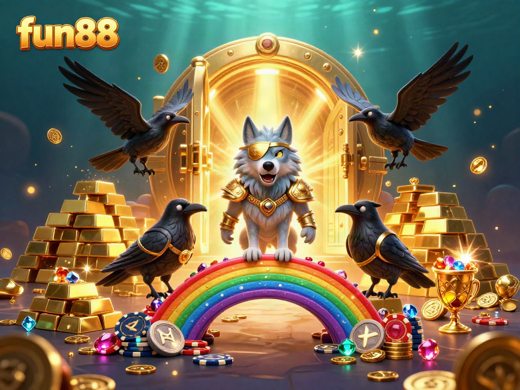 Experience fun88's vibrant casino world with Odin and his ravens before a treasure vault.