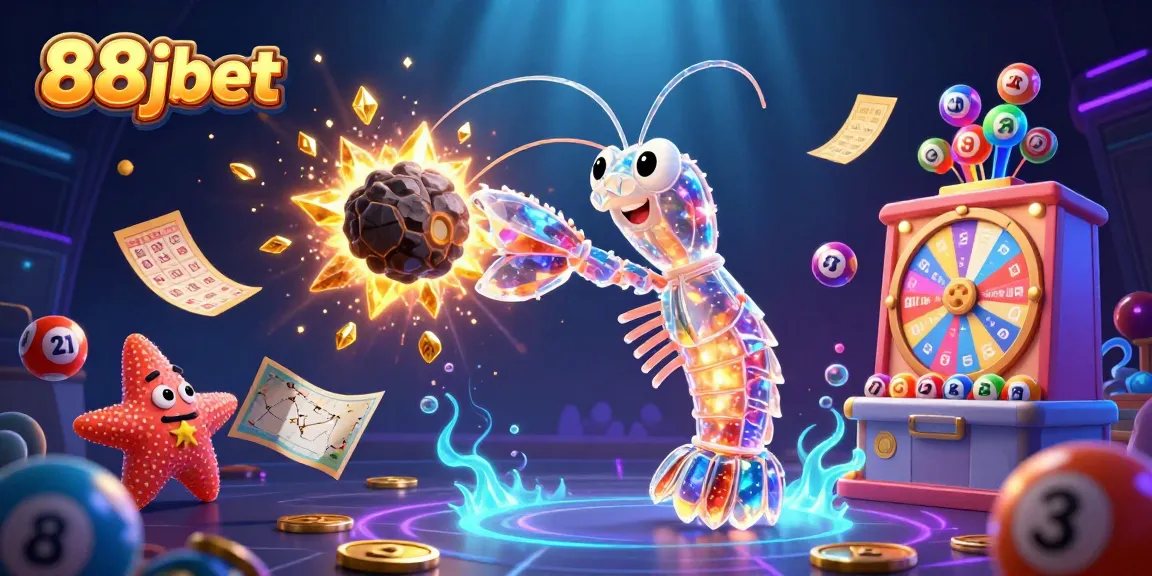 Experience the excitement of 88jbet with a vibrant 3D scene of a galactic shrimp and a starfish in a dynamic lottery setting.