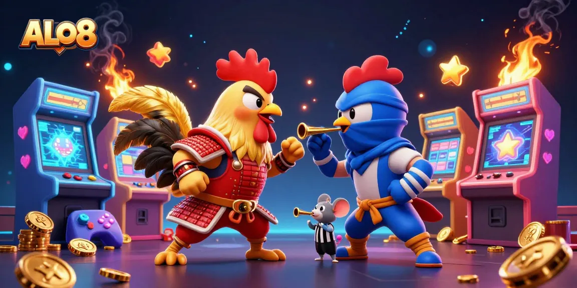 Experience thrilling ALO8 gameplay with a standoff between cartoon roosters amidst fiery casino elements.