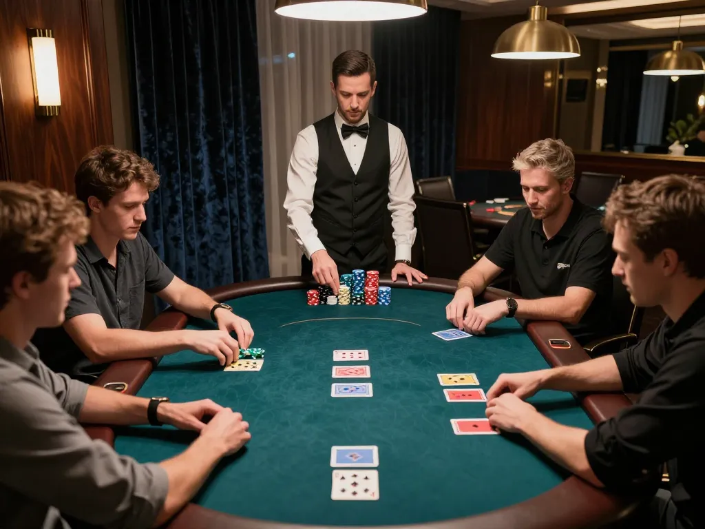 Tg88 poker showdown in a luxurious setting with players strategizing over high-stakes bets.