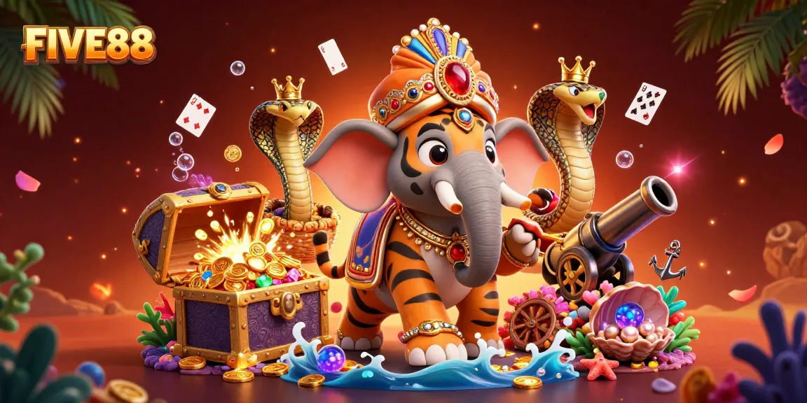 Experience the excitement of winning at FIVE88 with vibrant casino elements and dynamic characters.