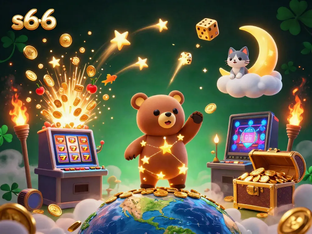 Experience thrilling wins with s6 66 at a dynamic casino scene filled with slot machines and golden treasures.