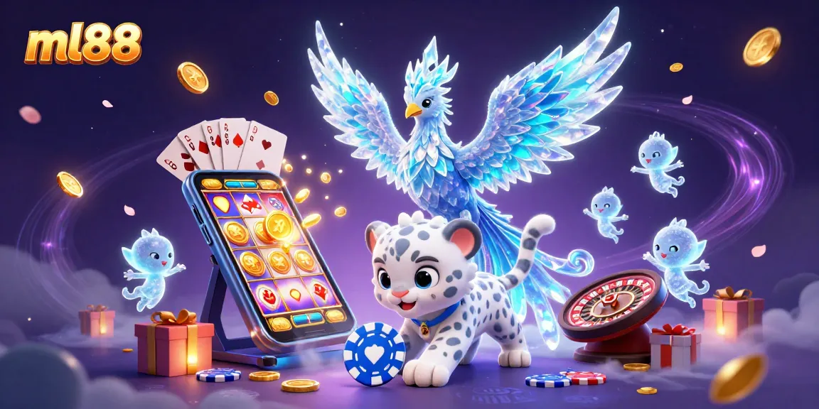 Engage with ml88's vibrant slots game featuring a mystical phoenix and playful snow leopard.
