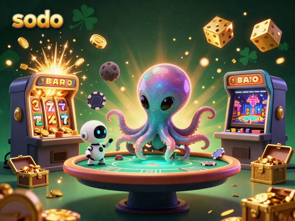 Experience the thrilling casino vibe with SODO's vibrant alien octopus in action at a holographic table.