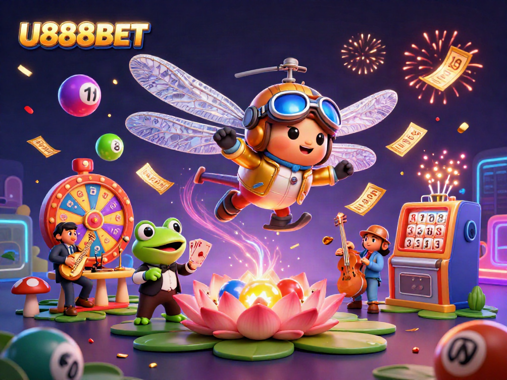 Experience the thrills of U888BET with vibrant lottery balls and jazzy characters in a lively casino scene.