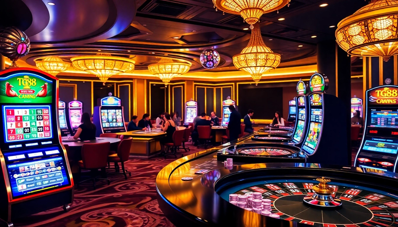 Players enjoying the thrilling games at TG88 casino, featuring bright slot machines and poker tables.
