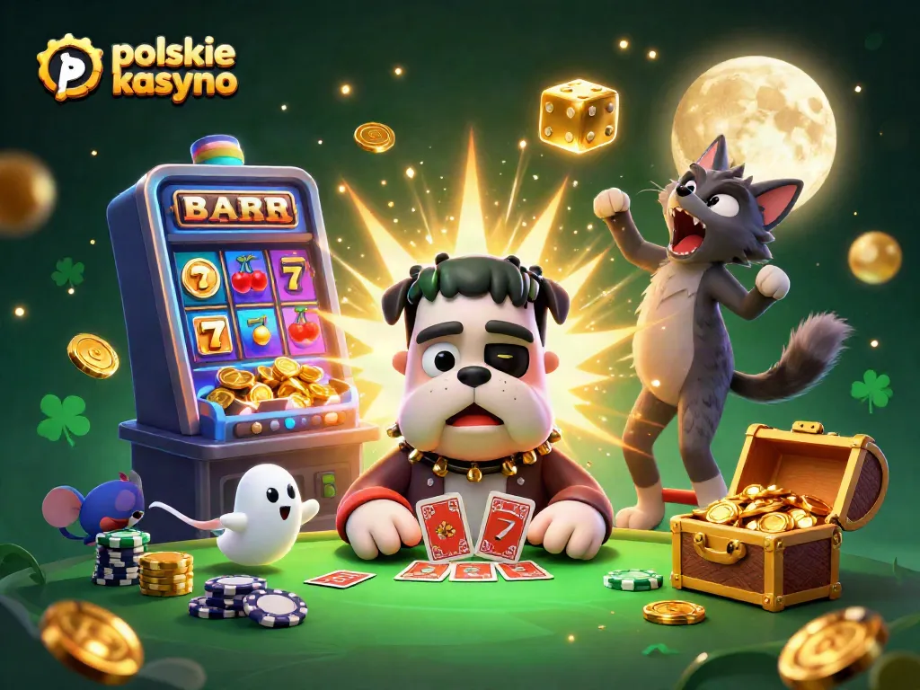 Engaging scene of polskie kasyno bitcoin with a Frankenstein bulldog and werewolf kitten celebrating wins in a vibrant casino setting.