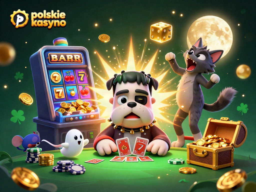 Engaging scene of polskie kasyno bitcoin with a Frankenstein bulldog and werewolf kitten celebrating wins in a vibrant casino setting.