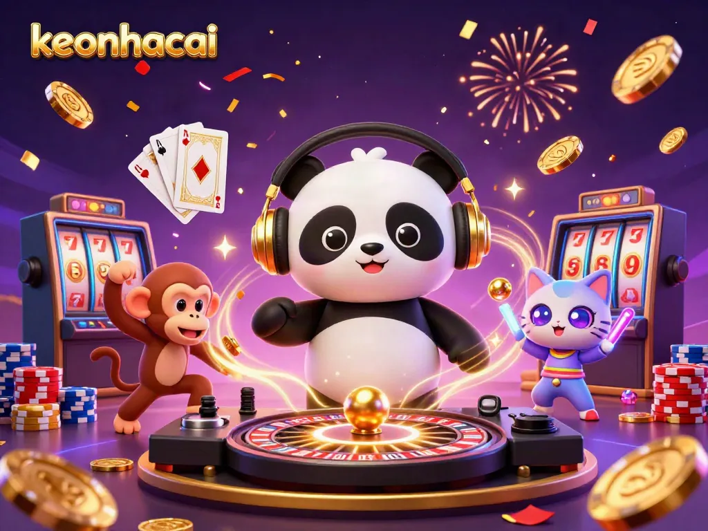 Experience the excitement of keonhacai with a vibrant illustration featuring a DJ panda, dancing monkey, and glow-stick kitten amidst casino elements.