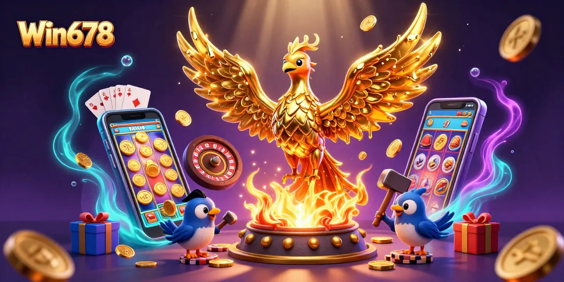 Win678 players spin vibrant slots with golden coins and a phoenix guardian in a dynamic online casino scene.