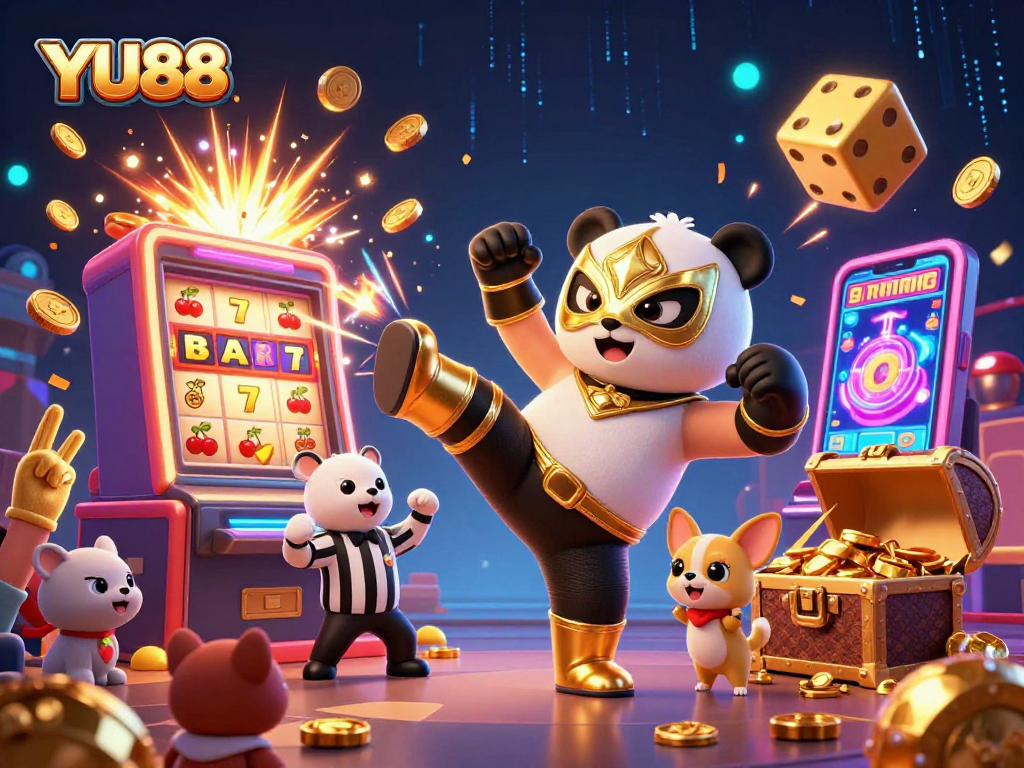 Experience thrilling moments at YU88 with a panda wrestler, jackpot slots, and wild animal fans!