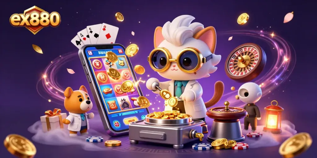 Experience the excitement of gaming with ex880 in a vibrant, action-packed casino scene.