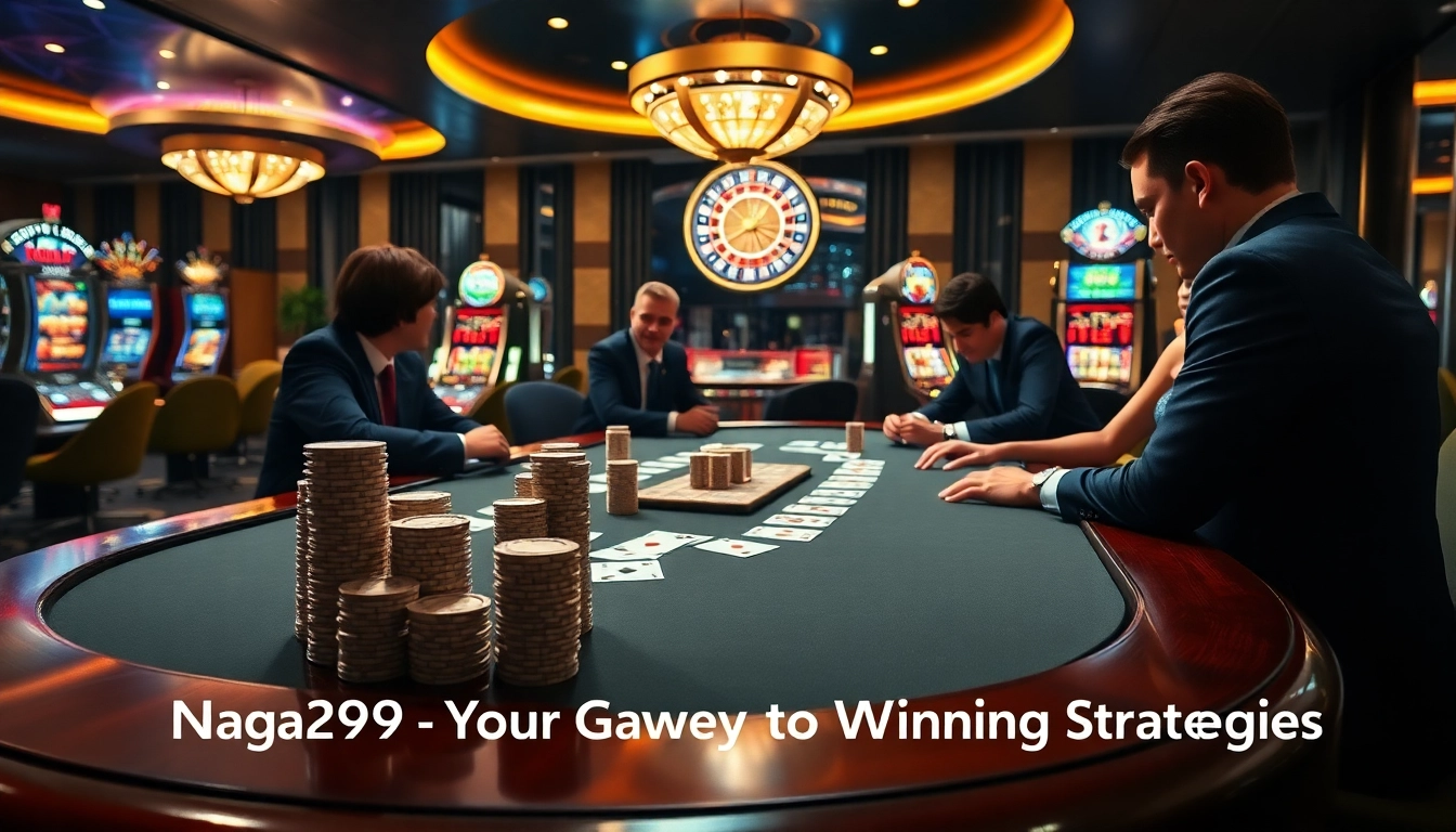 Naga99 players strategizing at an elegant poker table in a luxurious casino setting.