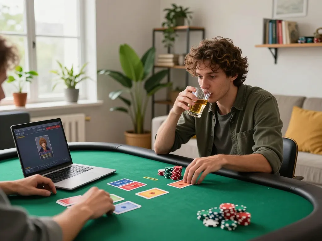 Engaging in strategic online poker at home with 79KING showing vibrant gameplay setup and focused atmosphere.