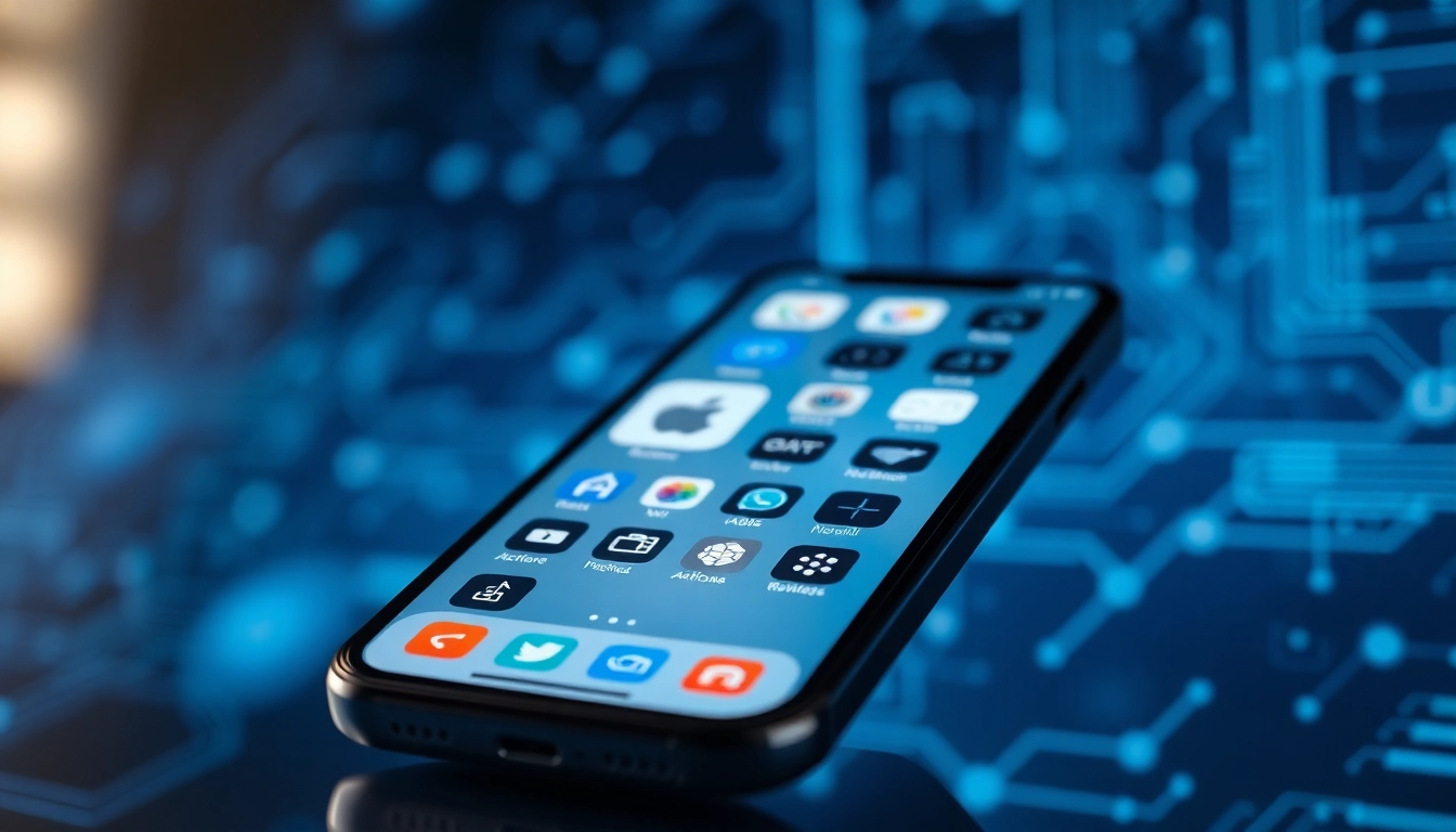 Interaktywny interfejs iOS przedstawiony na nowoczesnym smartfonie z estetycznym tłem.