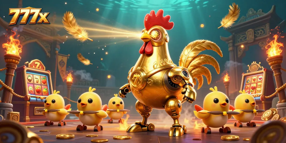 Experience thrilling 777x gameplay with a stunning 3D illustration of the golden rooster robot and baby chick drones.