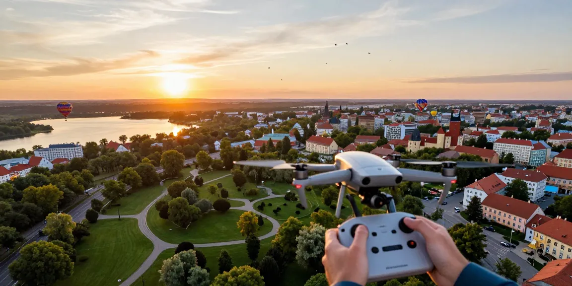 Wideo z drona Olsztyn - spektakularny widok na miasto podczas zachodu słońca, z dronem pilotowanym przez osobę.