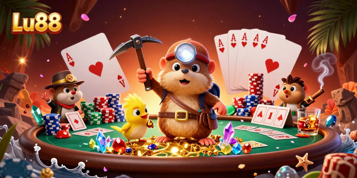 Engage in thrilling gameplay at Lu88 with a treasure hunter mole and poker elements in a vibrant casino setting.