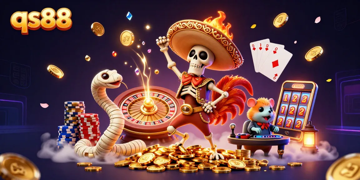 qs88 players enjoy victory dance in a lively casino scene with golden coins and jackpots