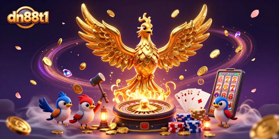 Experience thrilling wins with dn88t1, featuring a golden phoenix and cascading coins in a dazzling casino scene.