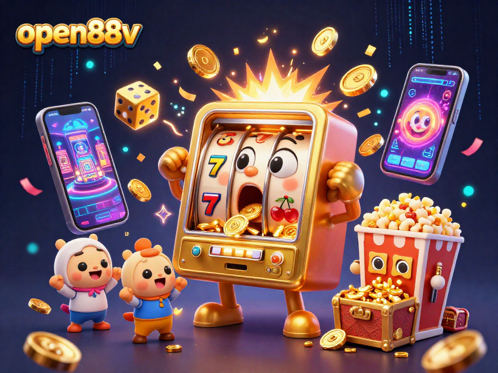 open88v slot machine celebrates jackpot as coins pour out, surrounded by dynamic casino elements.