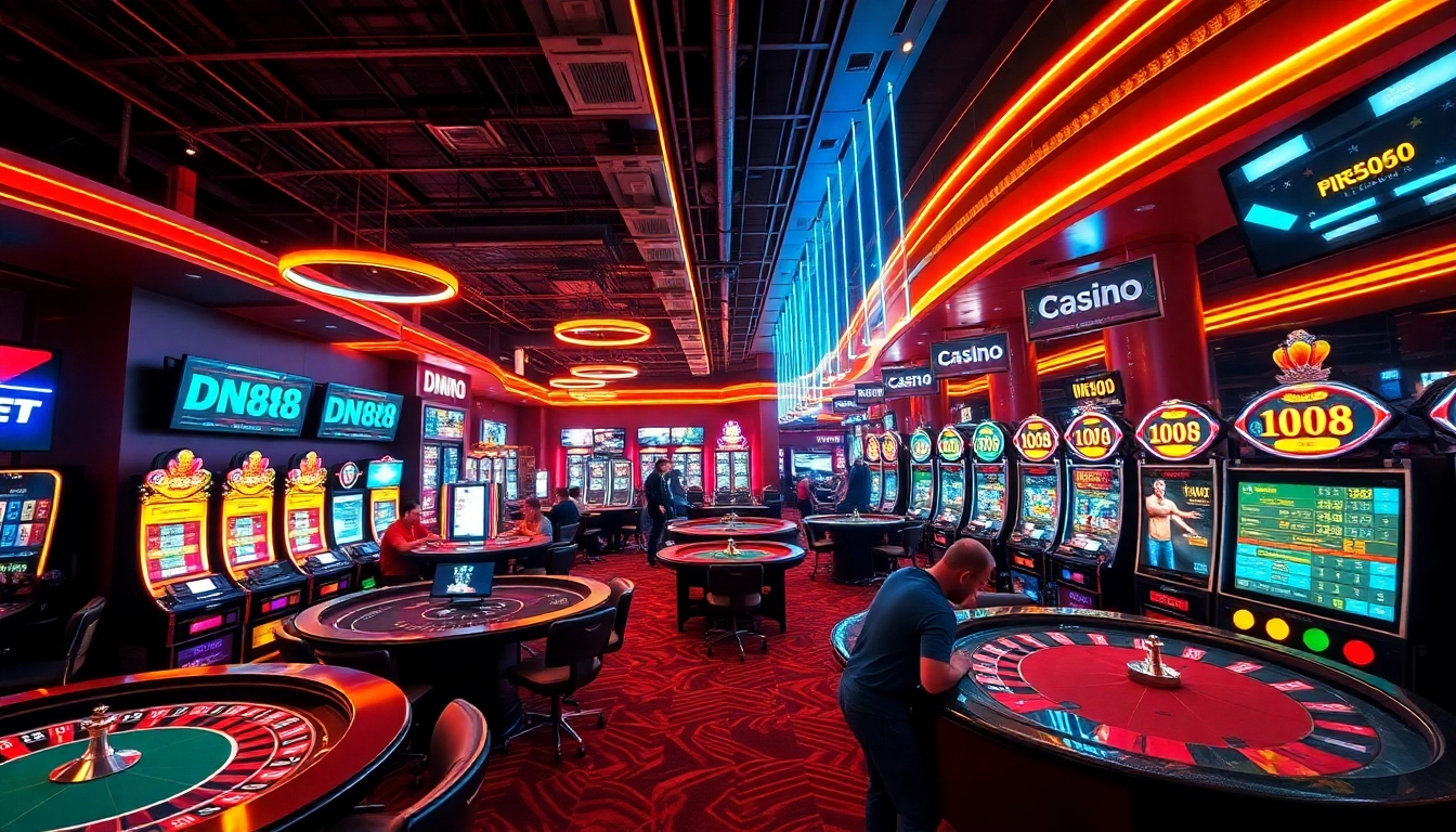 Dynamic view of DN88 online casino with players enjoying various games and vibrant atmosphere.