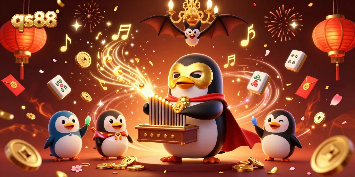 Witness the qs88 experience unfold with a penguin organist in a vibrant casino scene.